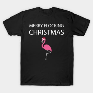 Merry Flocking Christmas Pink Flamingo Santa Hat T-Shirt